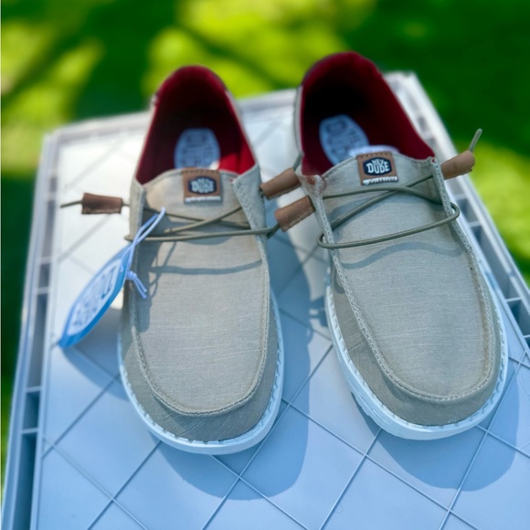 Hey Dude Tan White Maroon Wendy Chambray Boho Casual Moccasin Shoes New w/ Tags - Picture 5 of 14